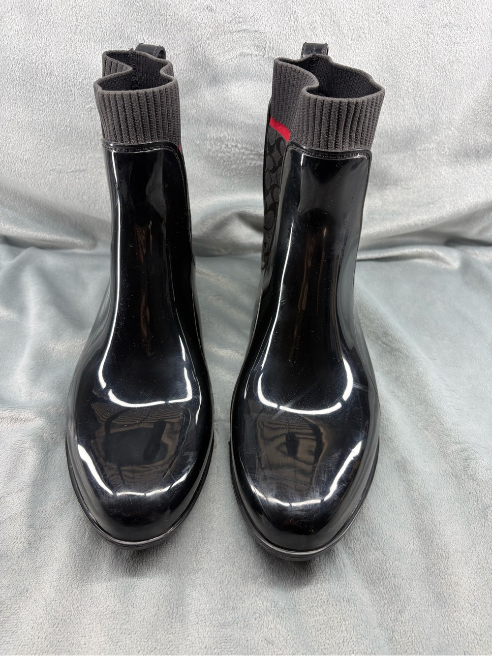 Coach Black Glossy Ankle Rain Booties with Knit Collar